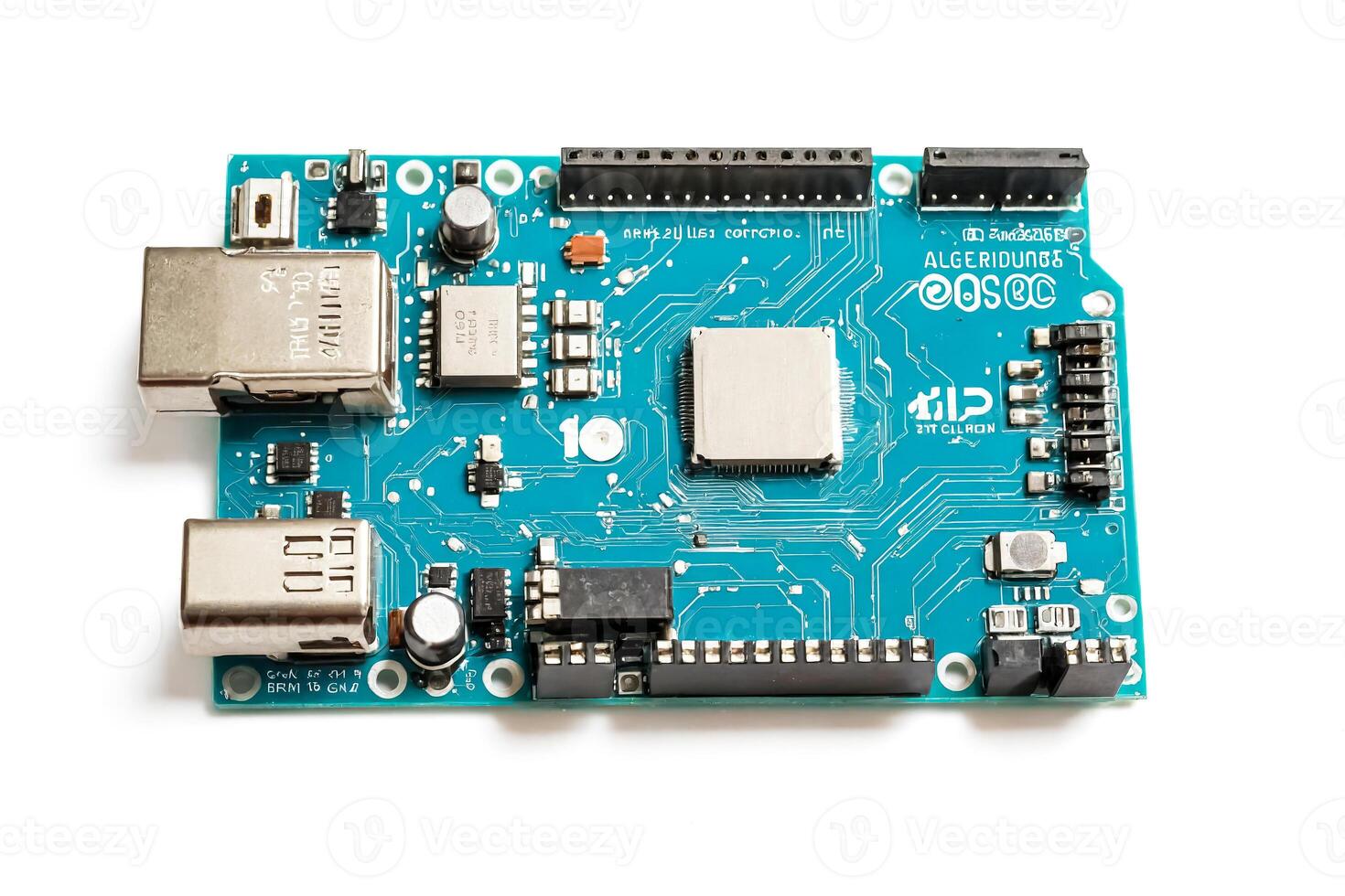 Close-up of a blue circuit board with various components photo