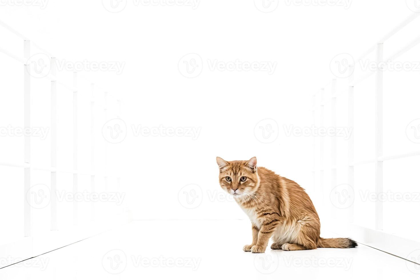 Ginger cat sitting in a white hallway photo