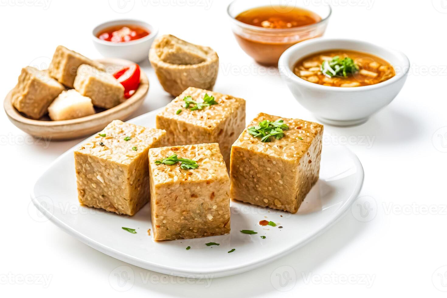 Close-up of a plate of savory tofu cubes with various dipping sauces photo