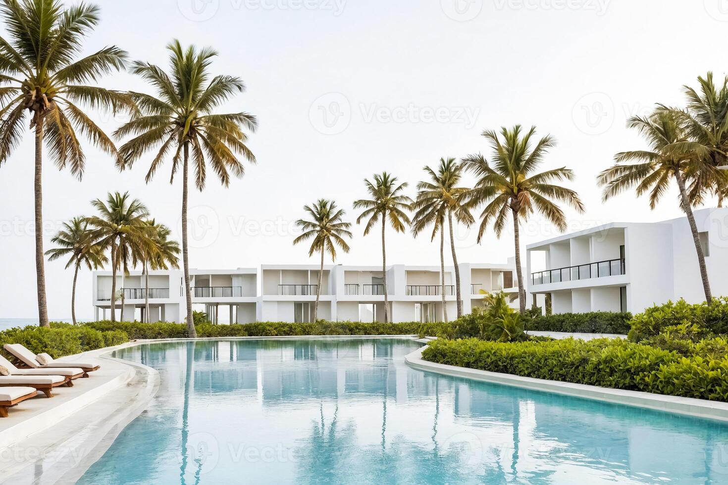 Tropical Resort Pool with Palm Trees and Loungers photo