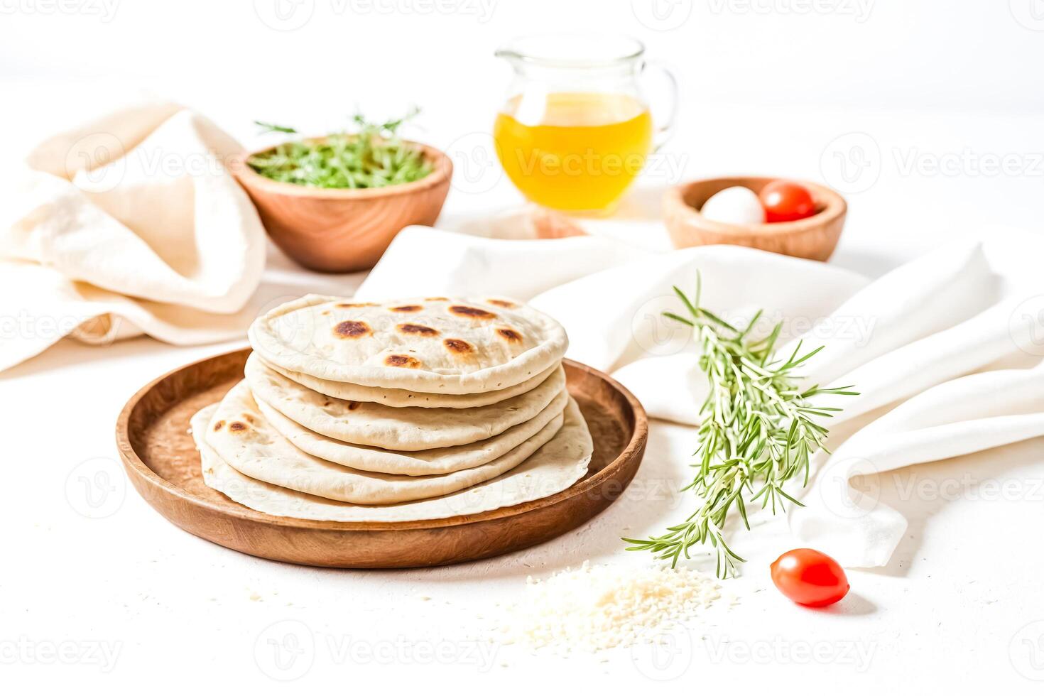 Stack of Fresh Tortillas on Rustic Wooden Plate photo