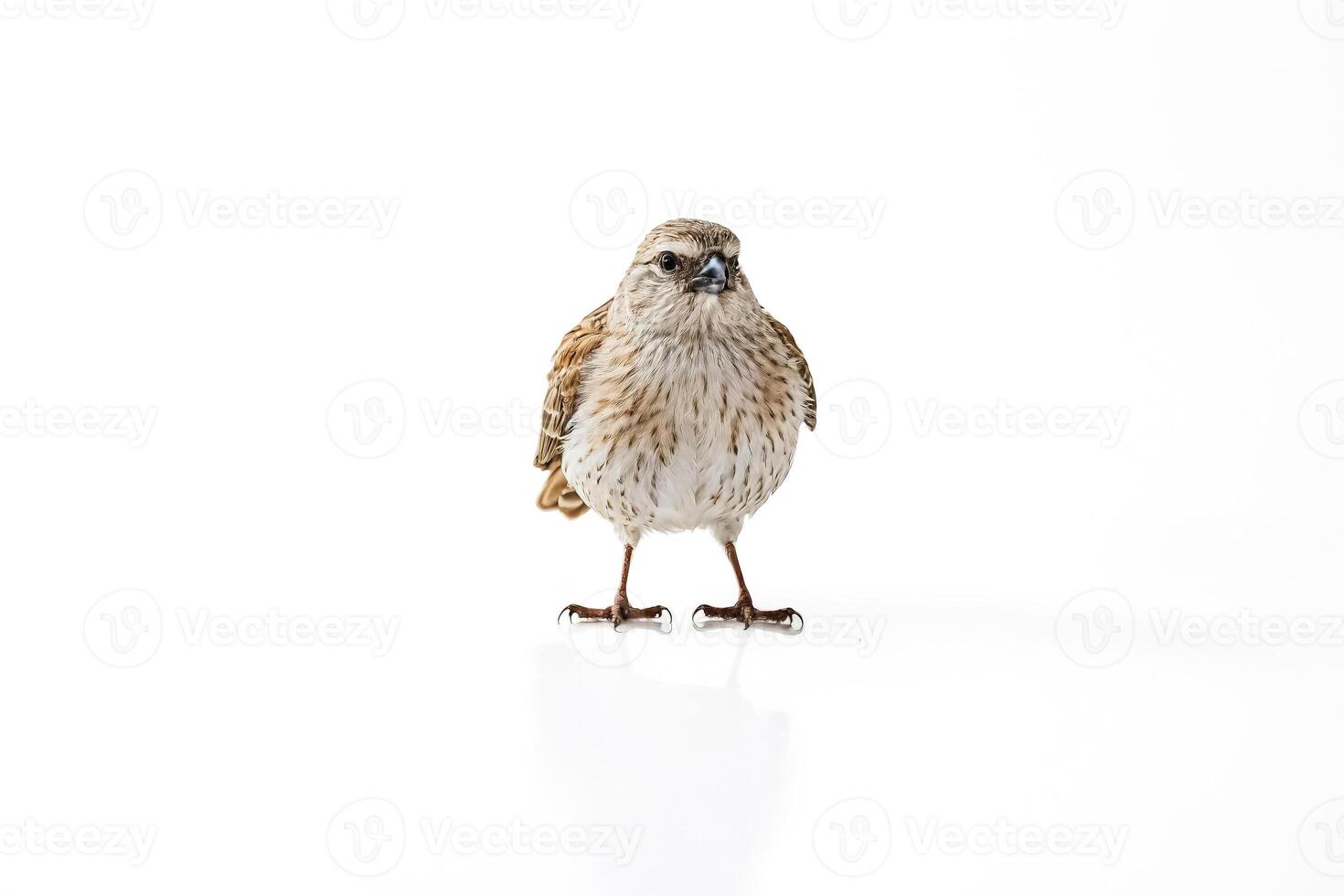 Small Bird with Brown and White Feathers Standing on White Background photo