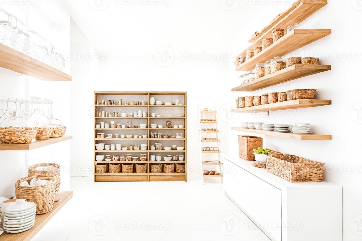 Minimalist Kitchen Interior With Wooden Shelves And White Cabinets photo