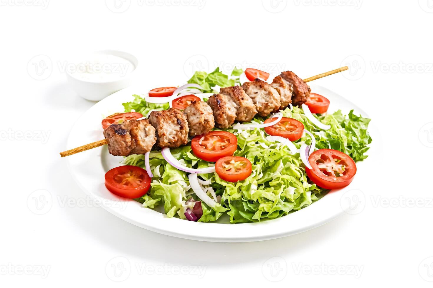 Grilled Meat Skewers with Salad and Dip photo