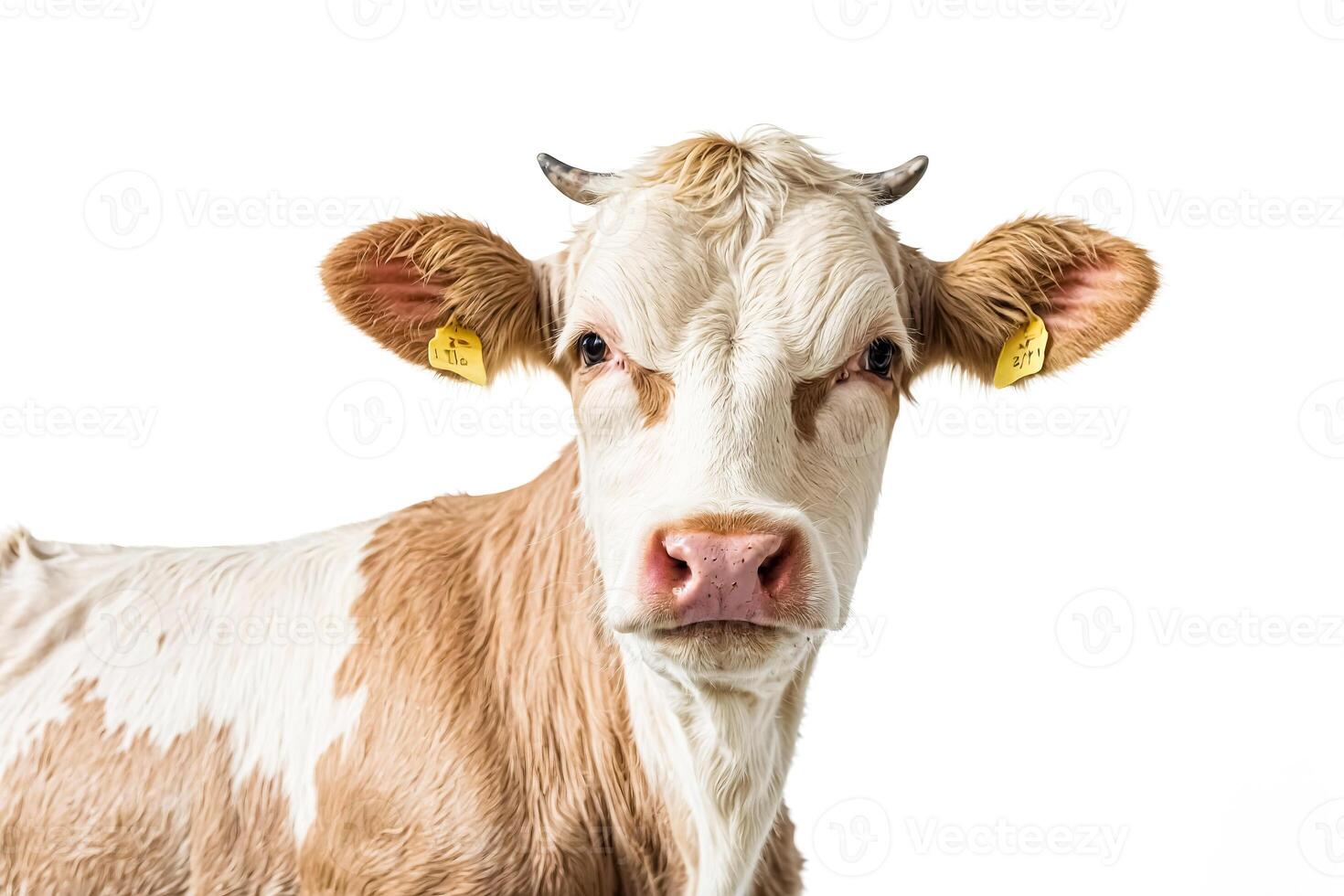Close-up Portrait of a Brown and White Calf with Tag in Ear photo