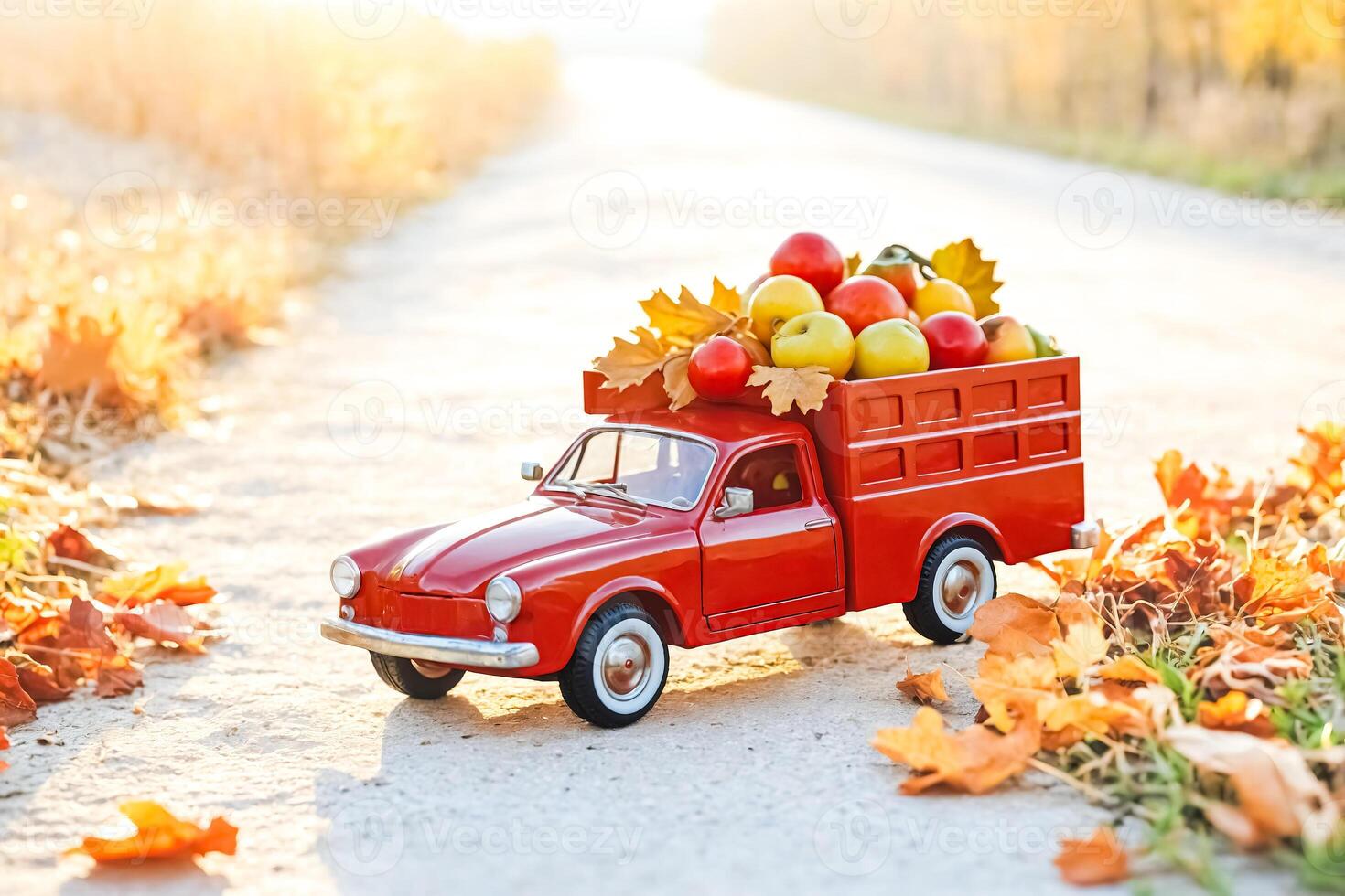 Red Toy Truck Full of Apples on a Fall Road photo