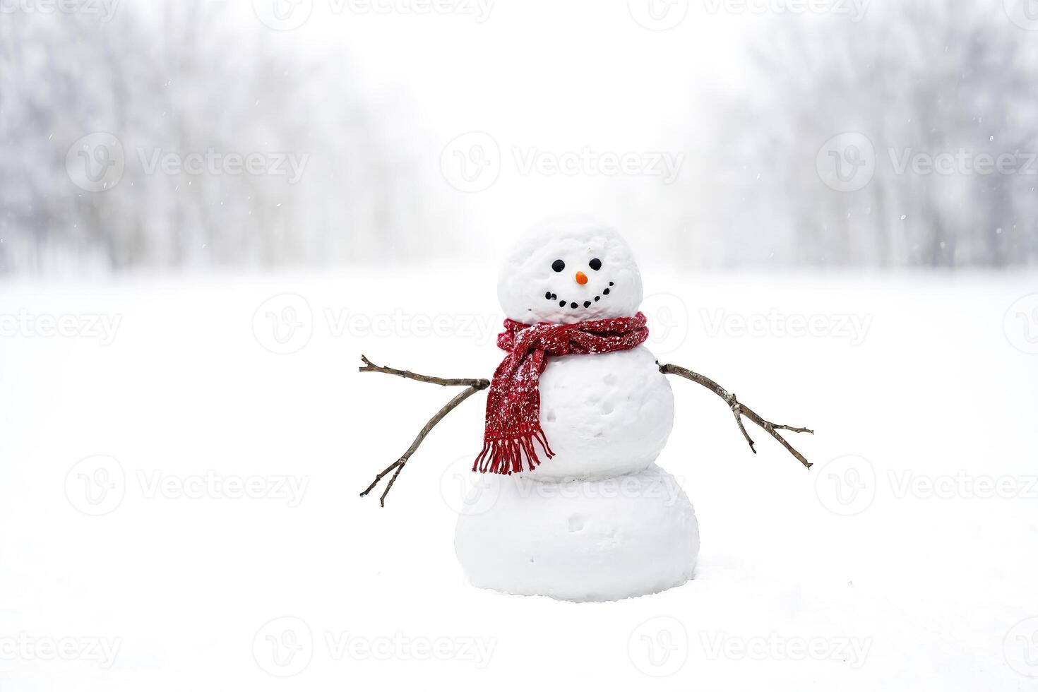 Snowman with Red Scarf Standing in Snowy Field photo