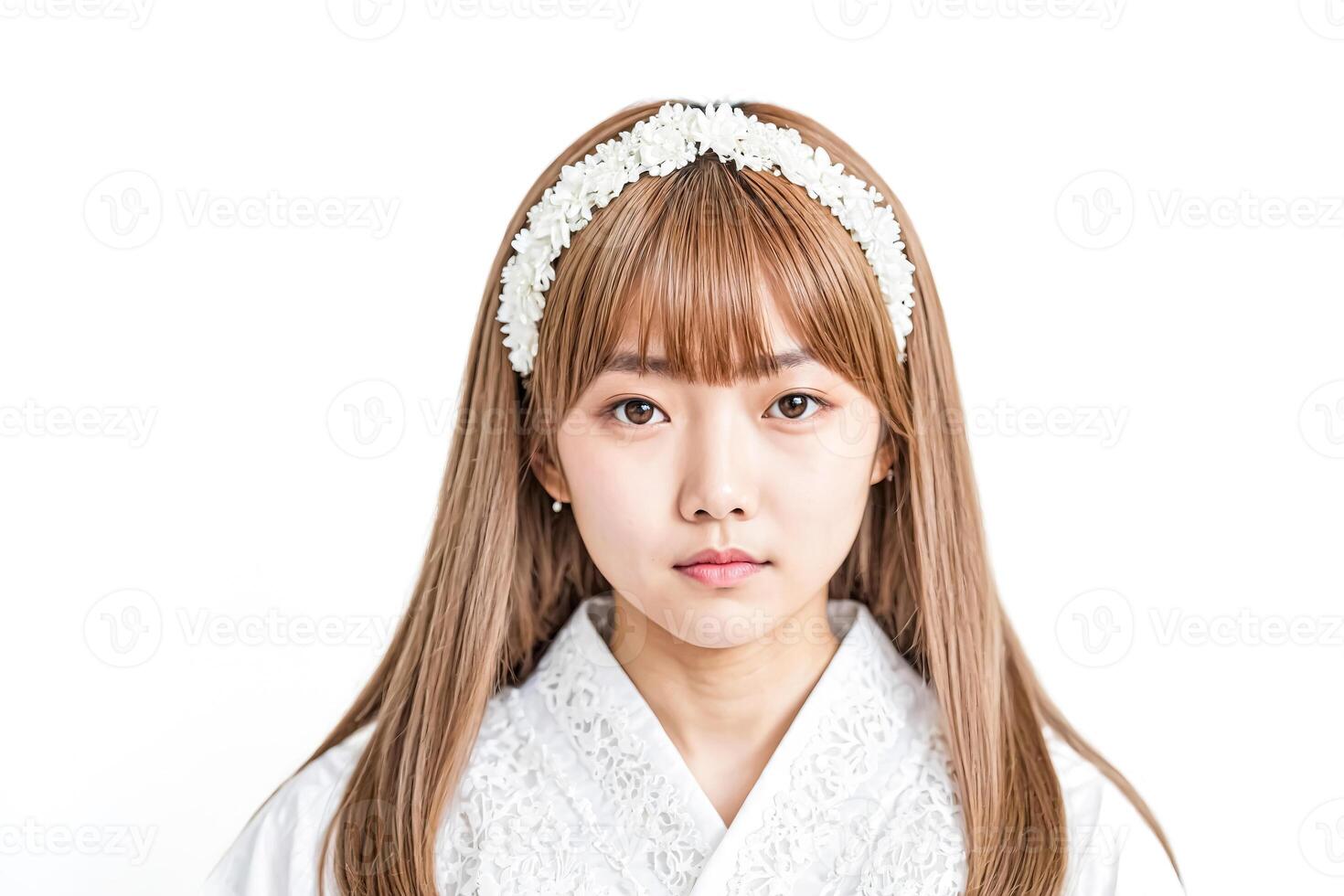 Portrait of Young Woman with White Flower Headband photo