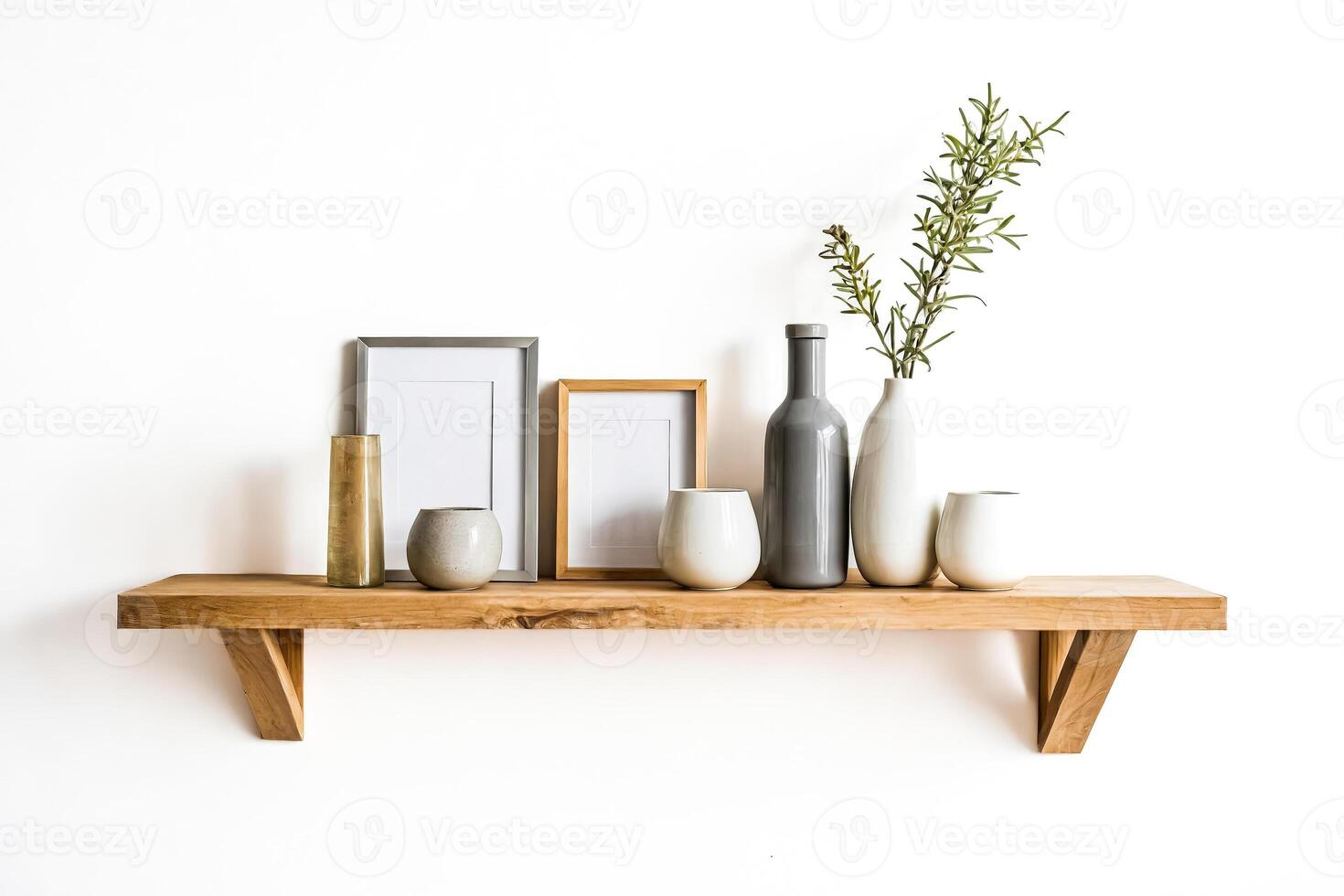 Wooden Shelf with Decorations and Green Branch photo