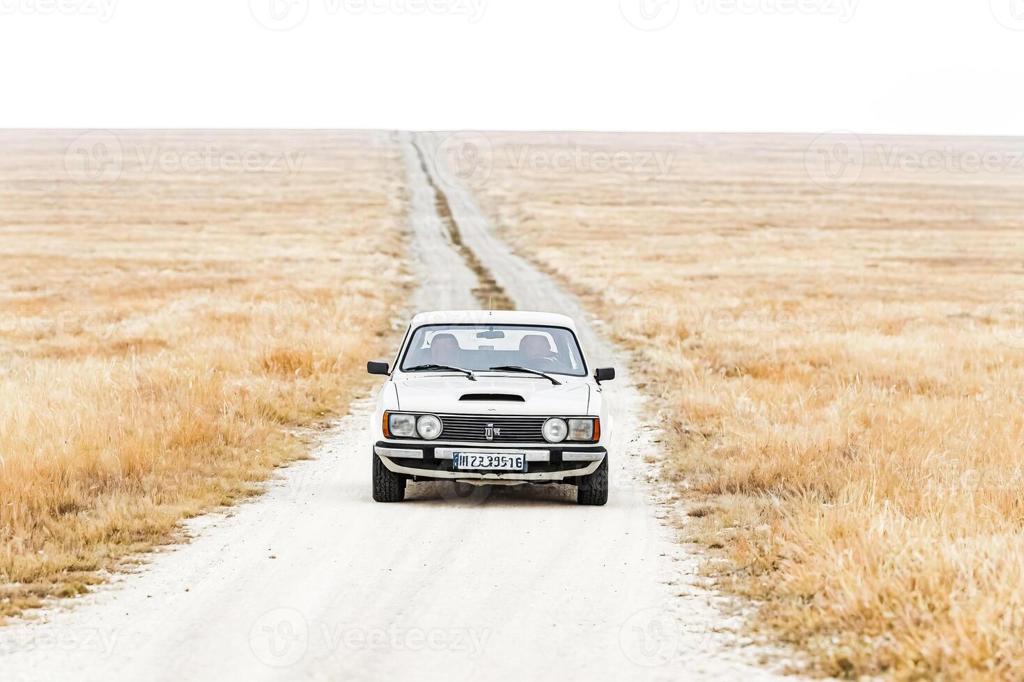 White Car on a Dirt Road in a Field of Dry Grass photo