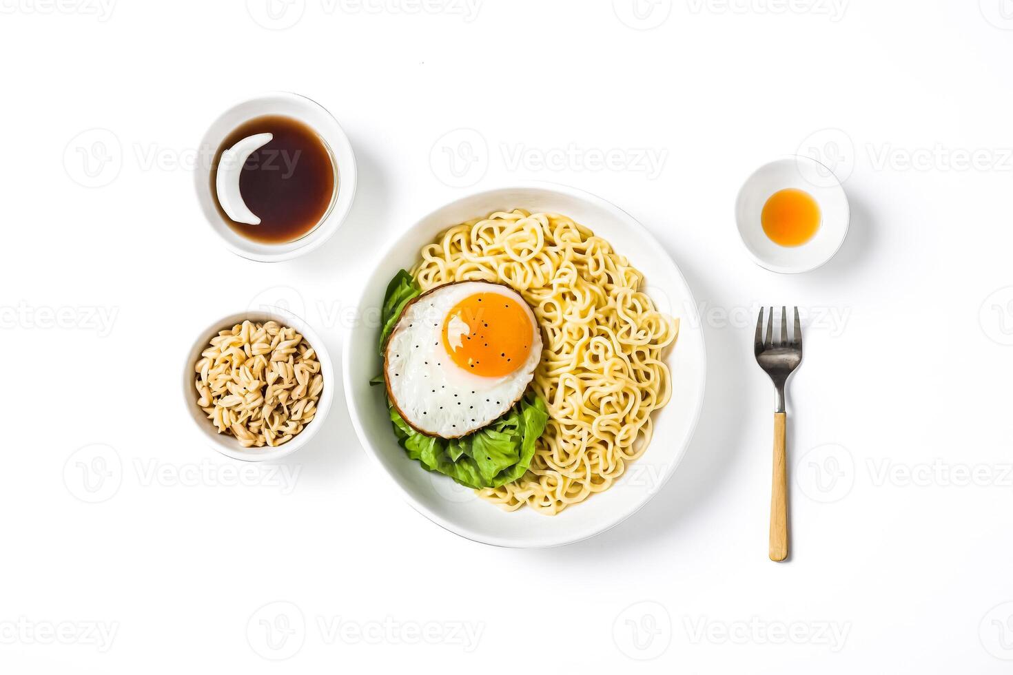 Noodles with fried egg, soy sauce, and vinegar, isolated on white background photo