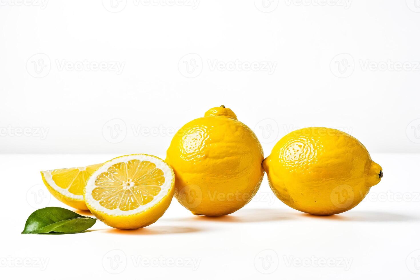 Fresh Lemons and Lemon Slices on White Background photo
