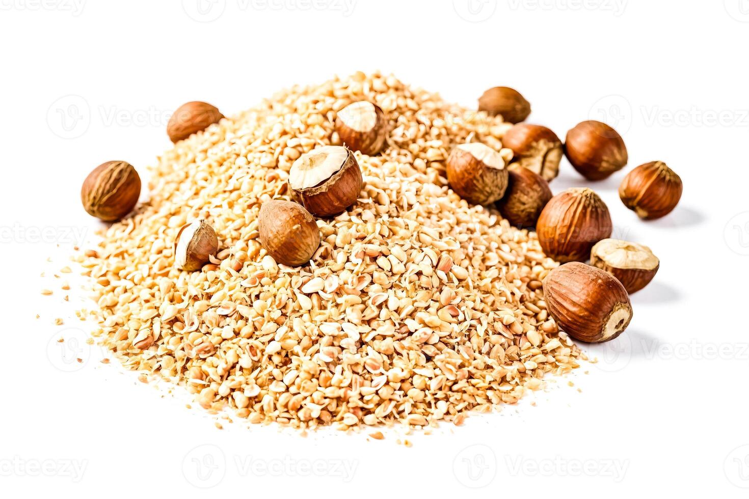 Close up of hazelnuts and hazelnut shells on a white background photo