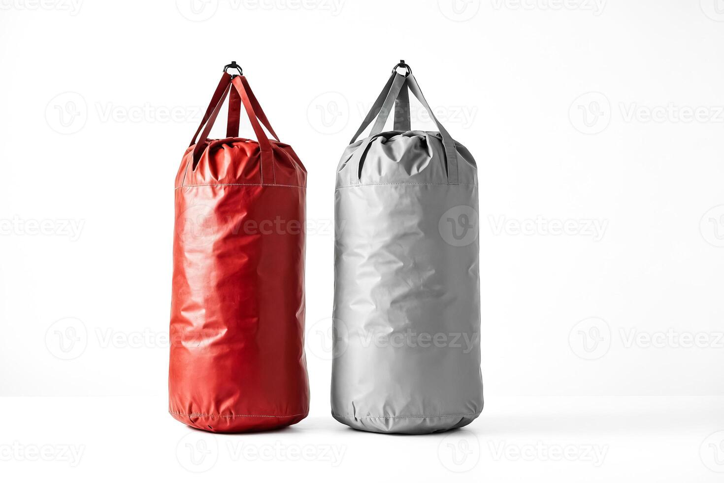 Red and Gray Waterproof Dry Bags Isolated on White Background photo