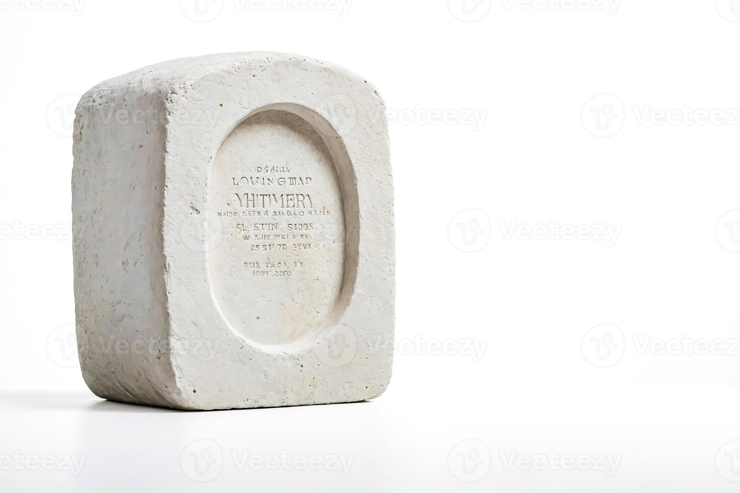 Close-up of a White Concrete Block with Engraved Text photo