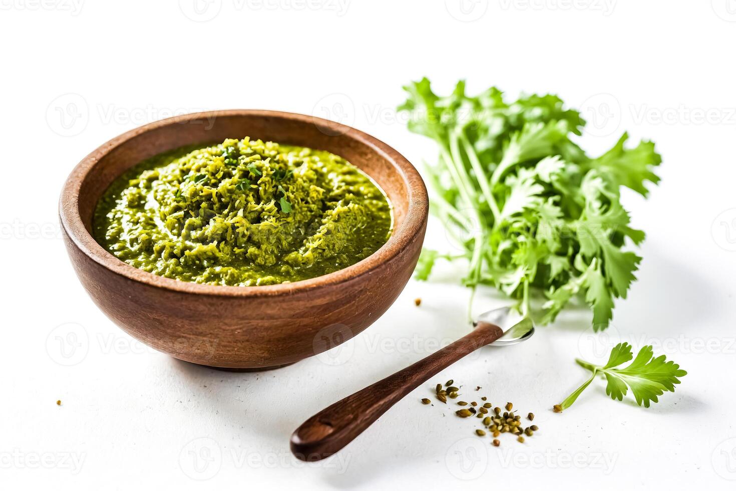 Fresh Homemade Cilantro Pesto in a Wooden Bowl photo