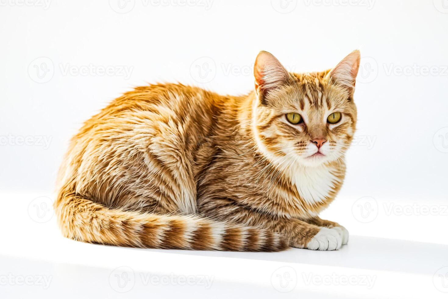 Ginger cat lying on white background photo