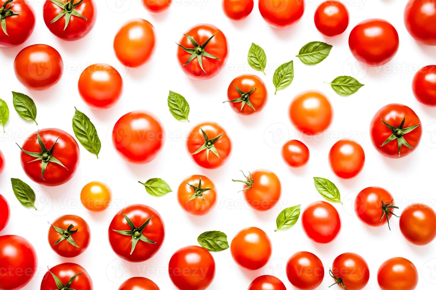 Fresh Red Tomatoes and Basil Leaves on White Background photo