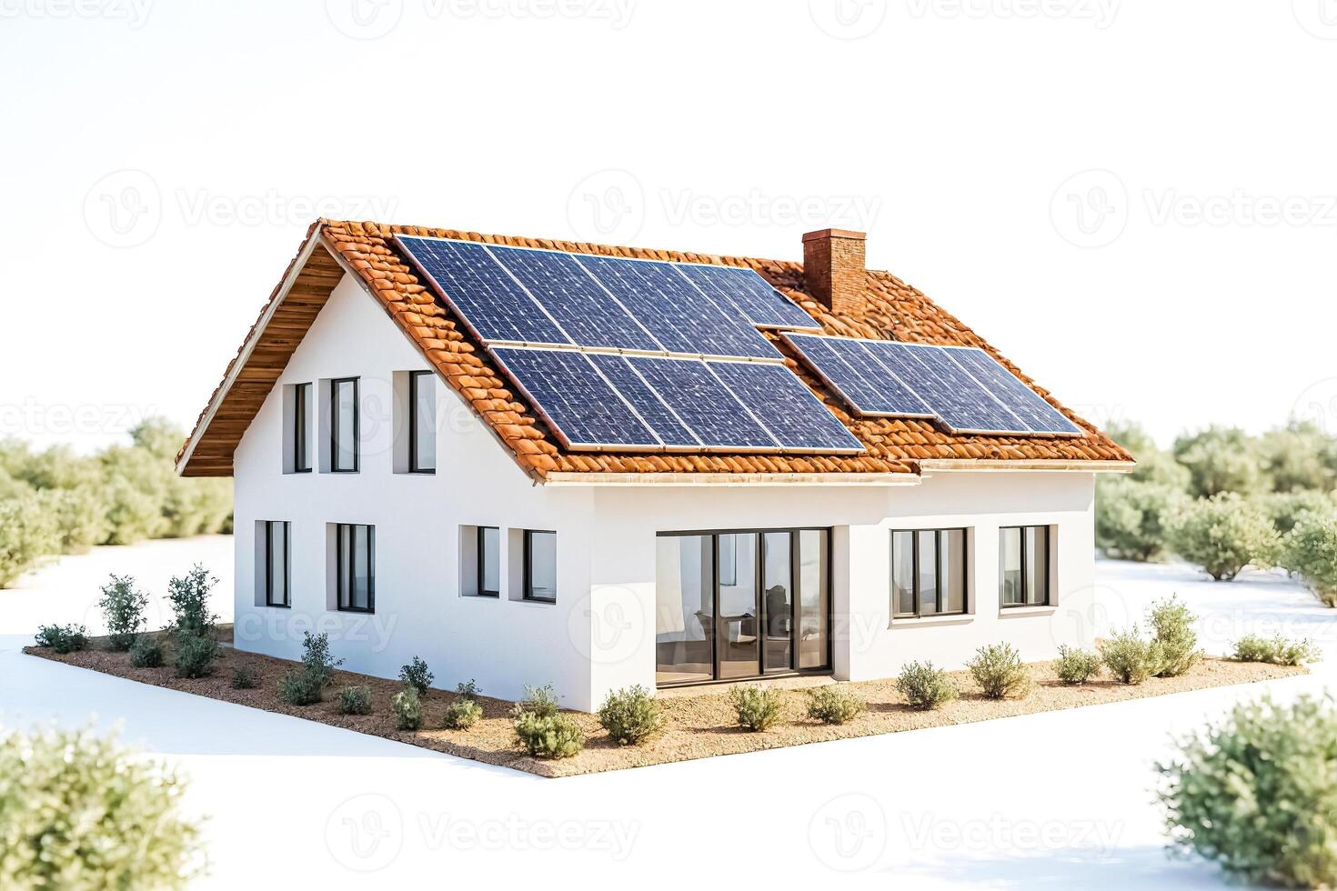 Modern White House With Solar Panels on Roof photo