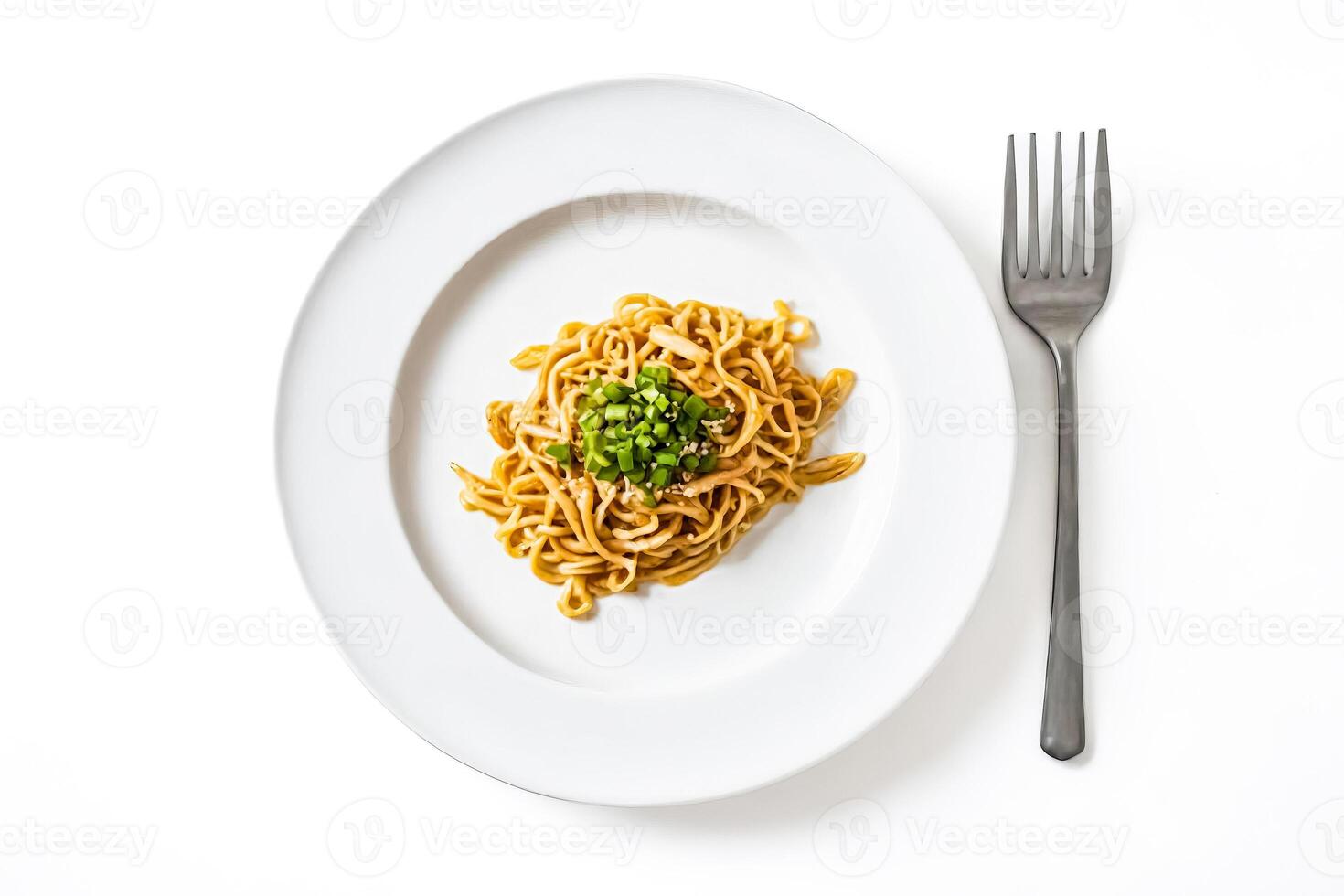 Close-up of a Plate of Noodles with Green Onions and Sesame Seeds photo