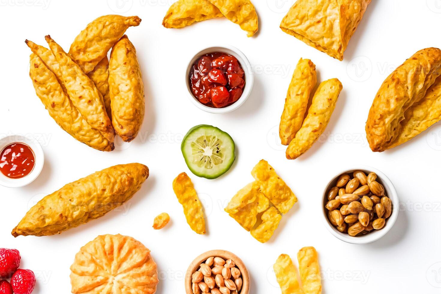 Assorted Snacks and Dips on White Background photo