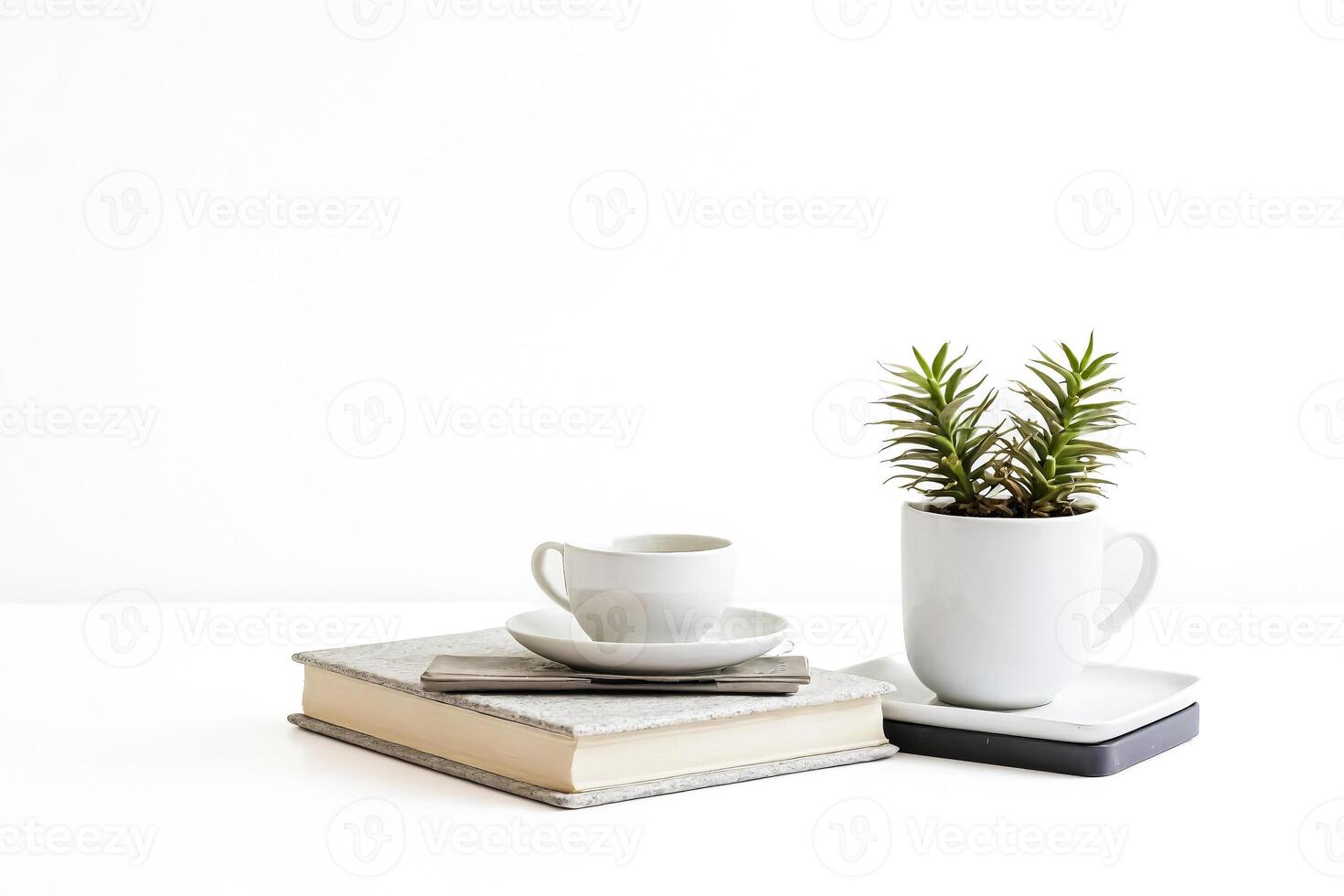 White Coffee Cup and Saucer on a Book with a Plant in a White Mug photo