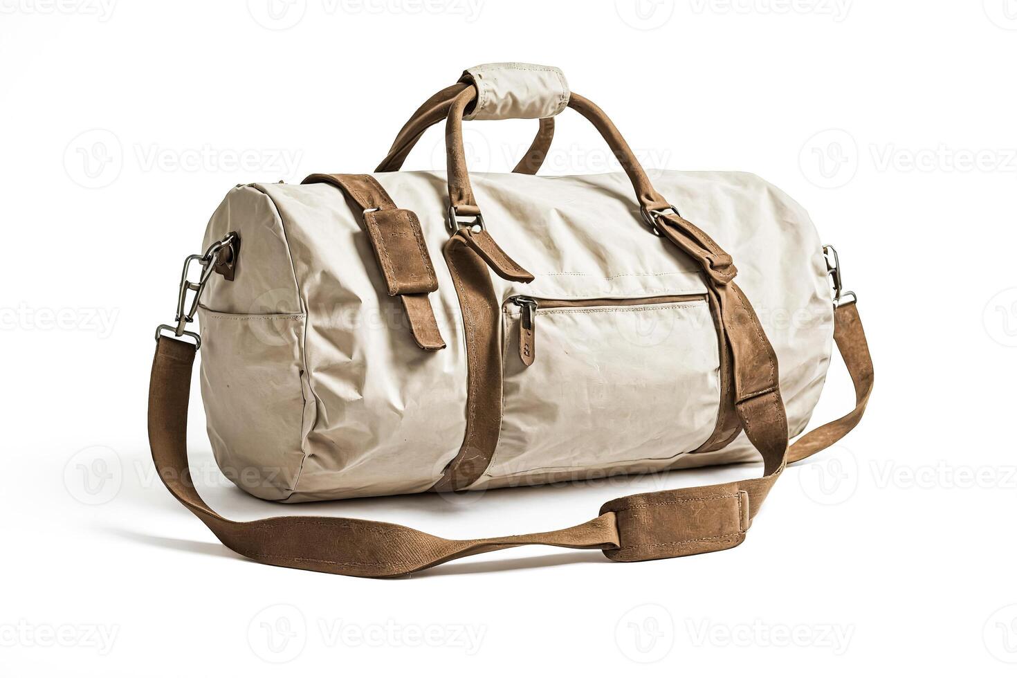 Beige Travel Duffle Bag with Leather Trim photo