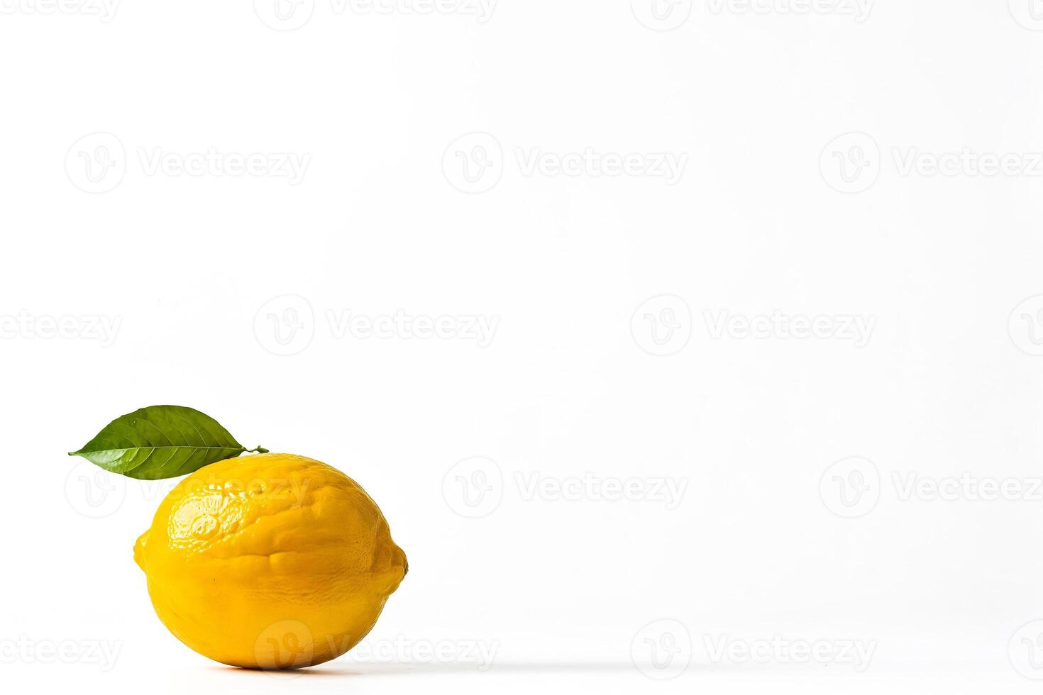 Single Lemon with Green Leaf on White Background photo