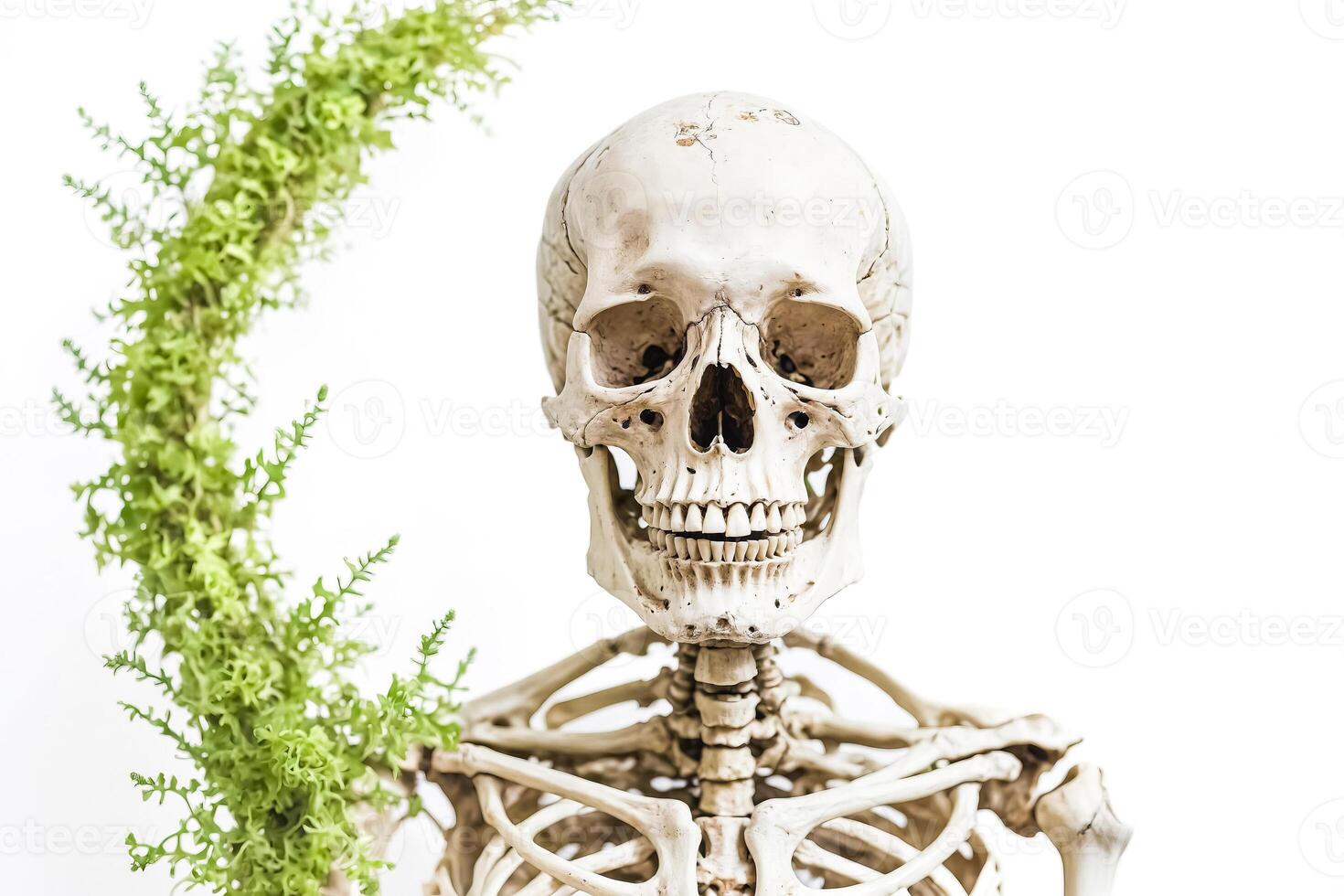 Human Skeleton with Green Plant on White Background photo
