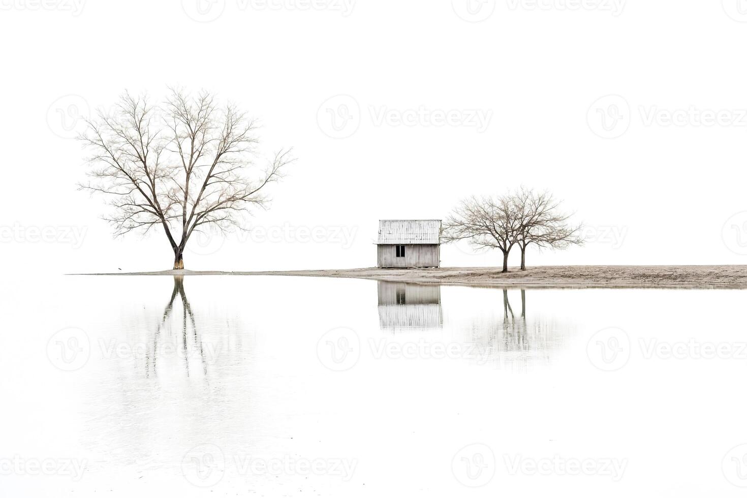 Minimalist Cabin and Trees Reflected in Still Water photo