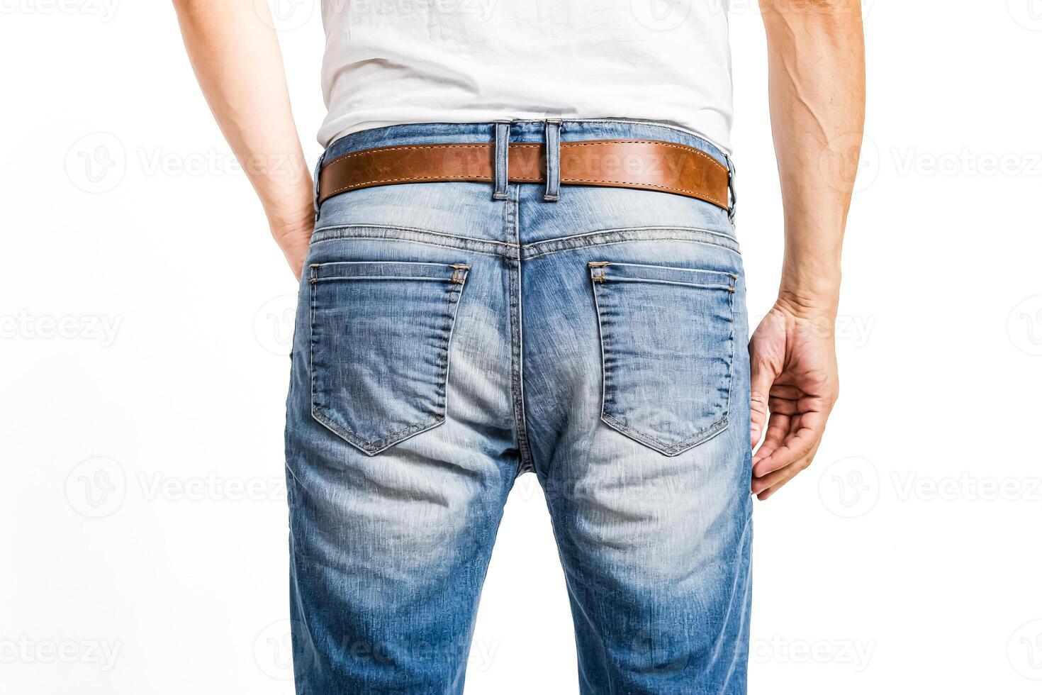 Man Wearing Blue Jeans and Brown Belt photo