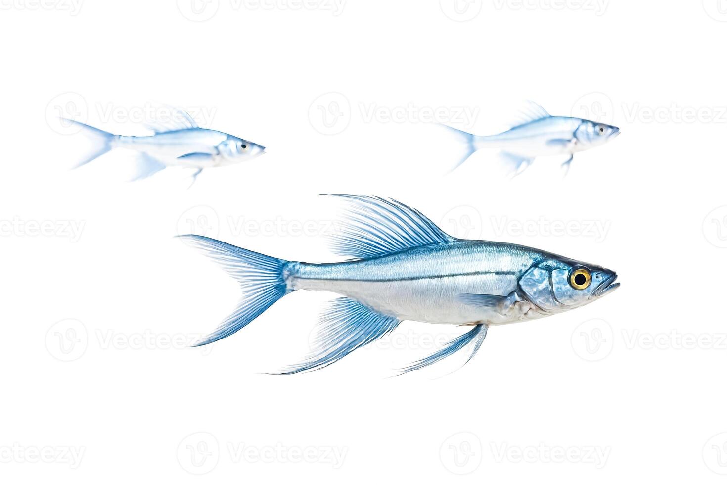 A Single Silverfish Swims In The Middle Of The Frame While Two Others Swim Above It photo