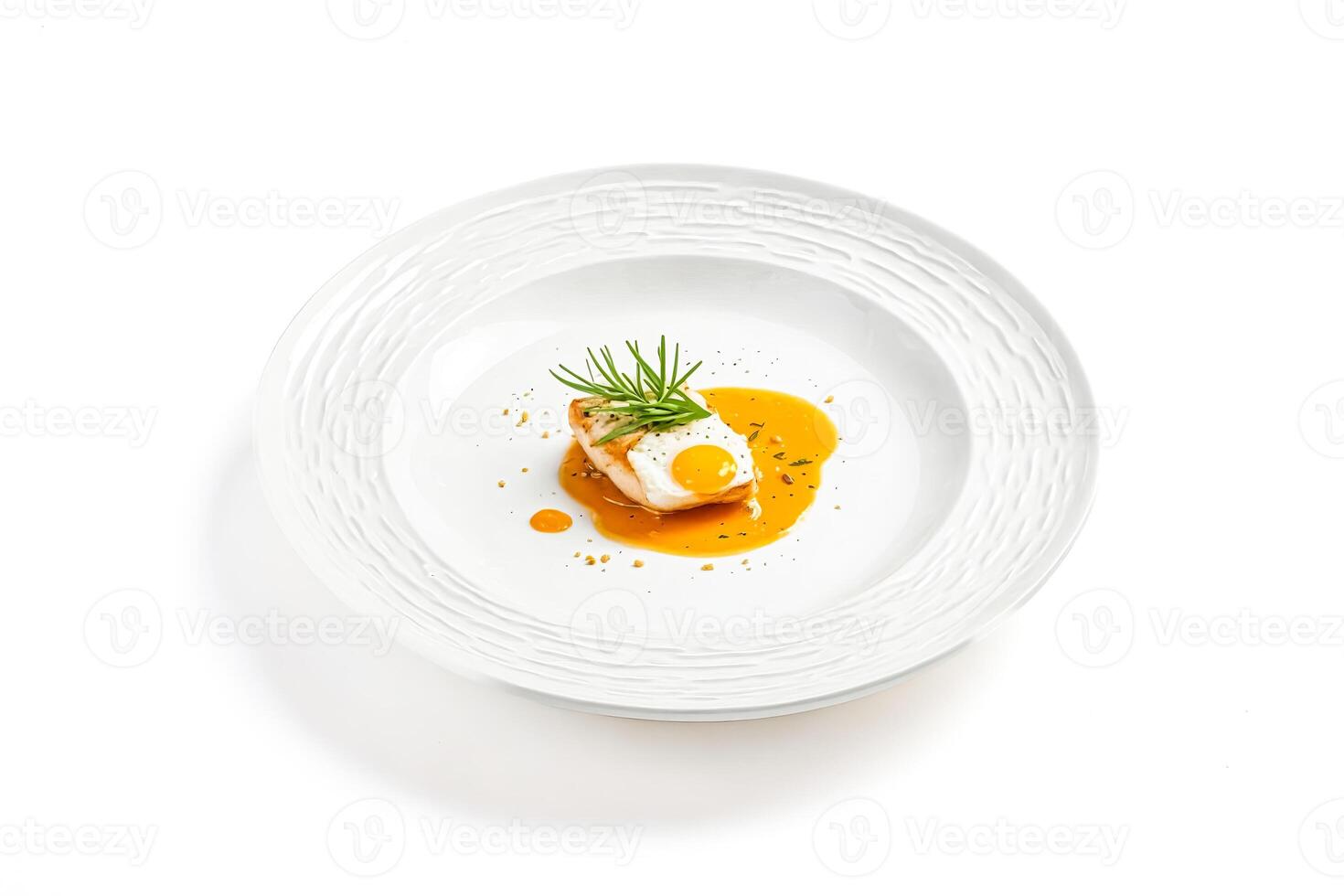 Fried Egg and Rosemary on Fish with Sauce on White Plate photo
