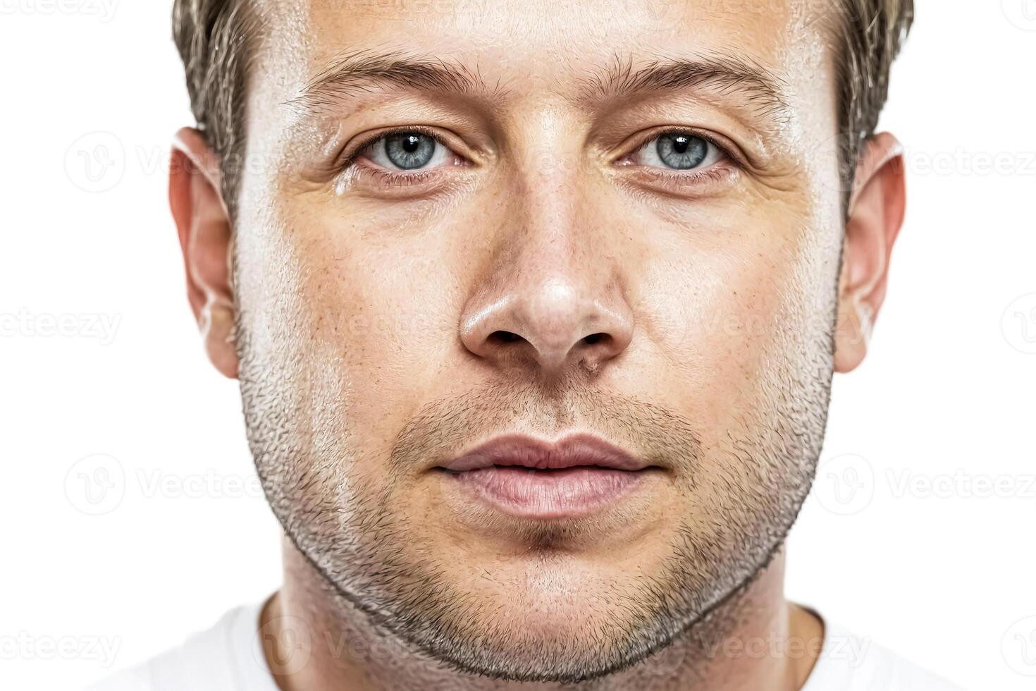 Close-up portrait of a man with blue eyes and a beard photo