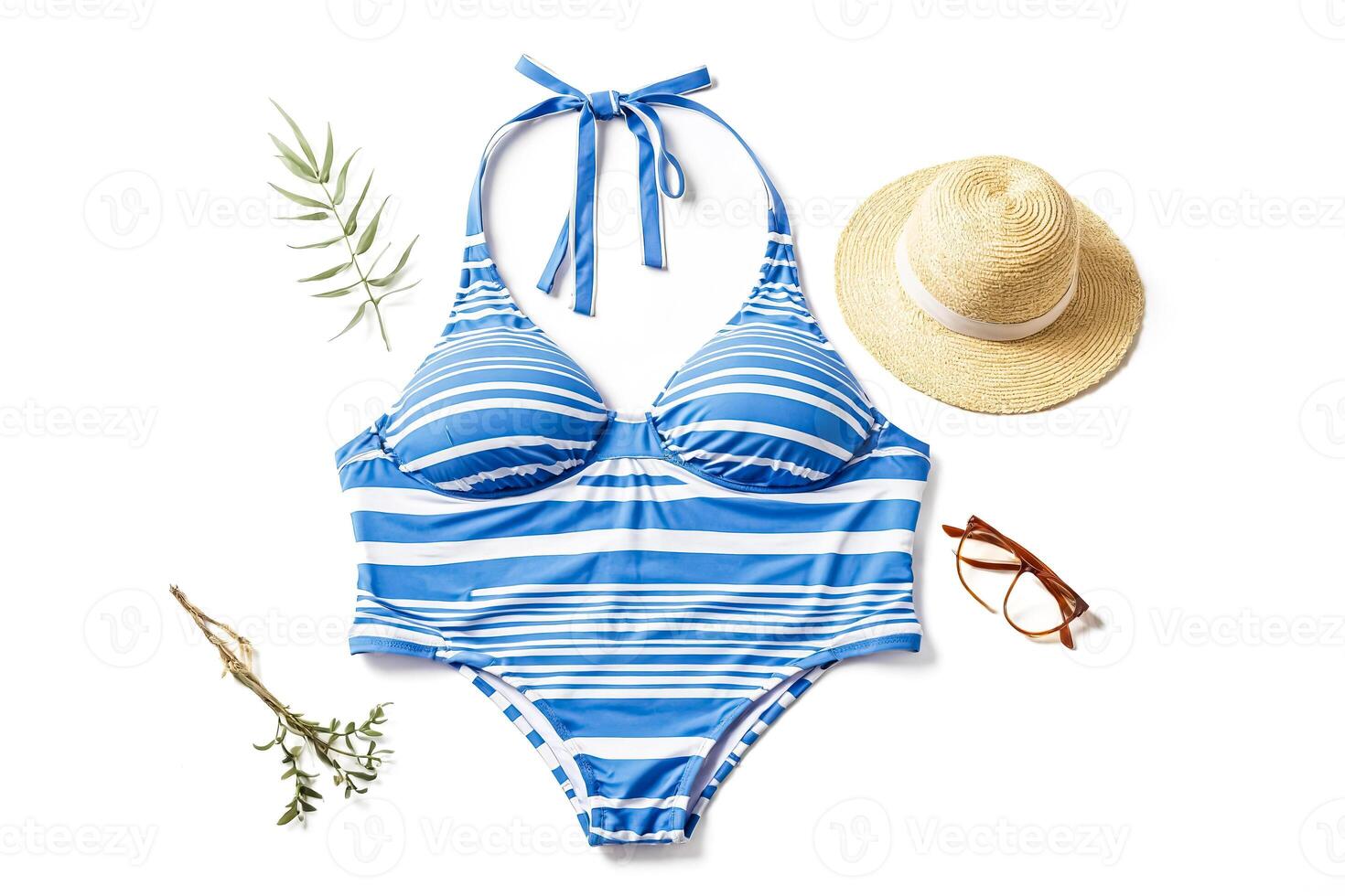 Blue striped swimsuit, straw hat and sunglasses isolated on white background photo