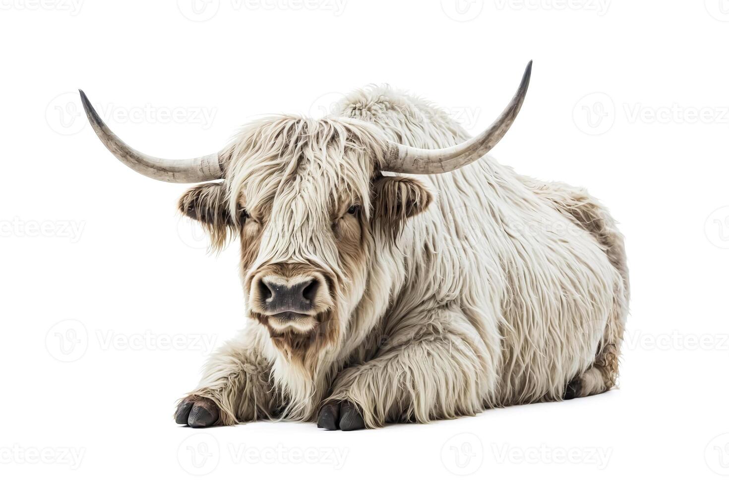 Highland Cow Laying Down, Isolated on White Background photo