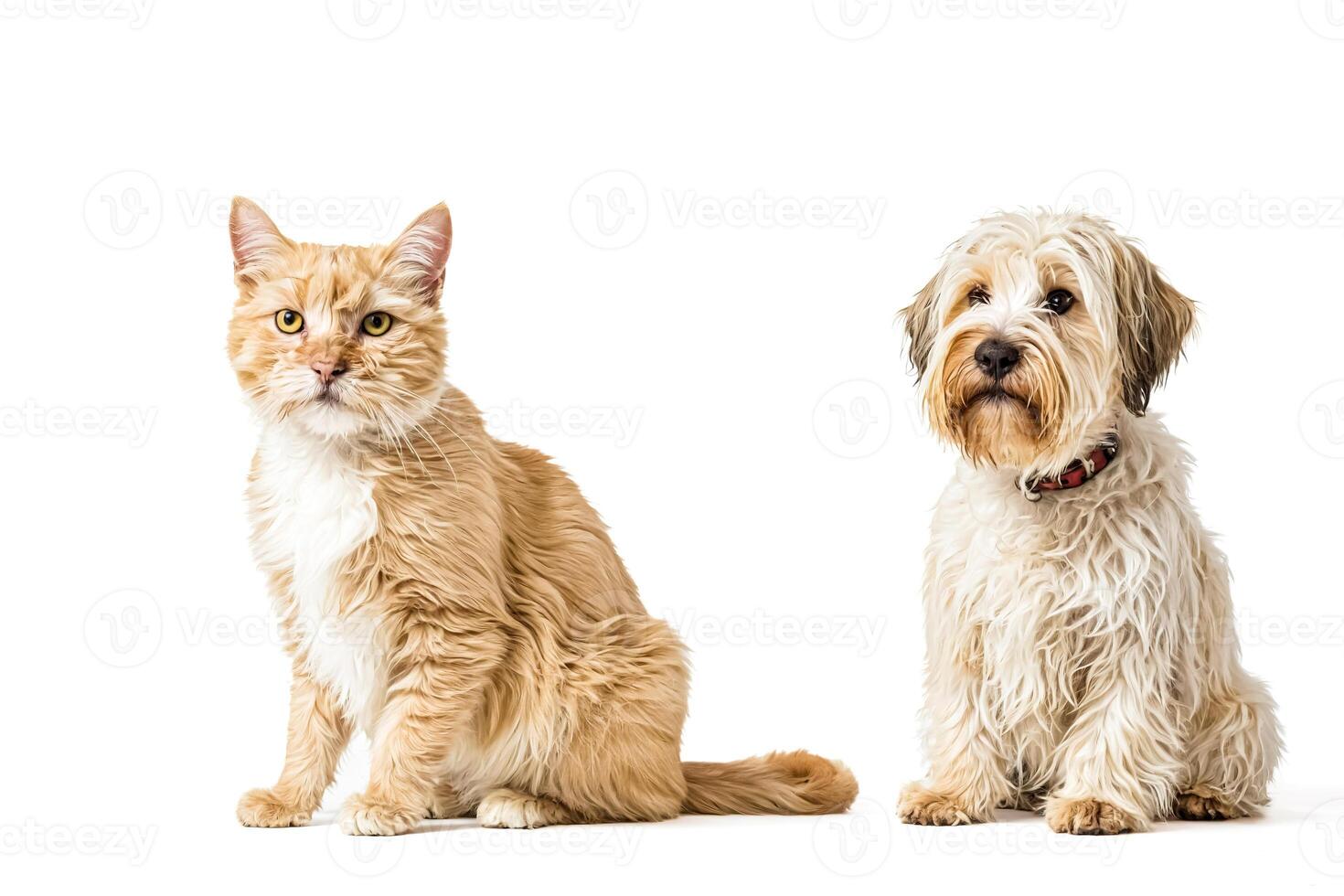 Cat and dog sitting together photo