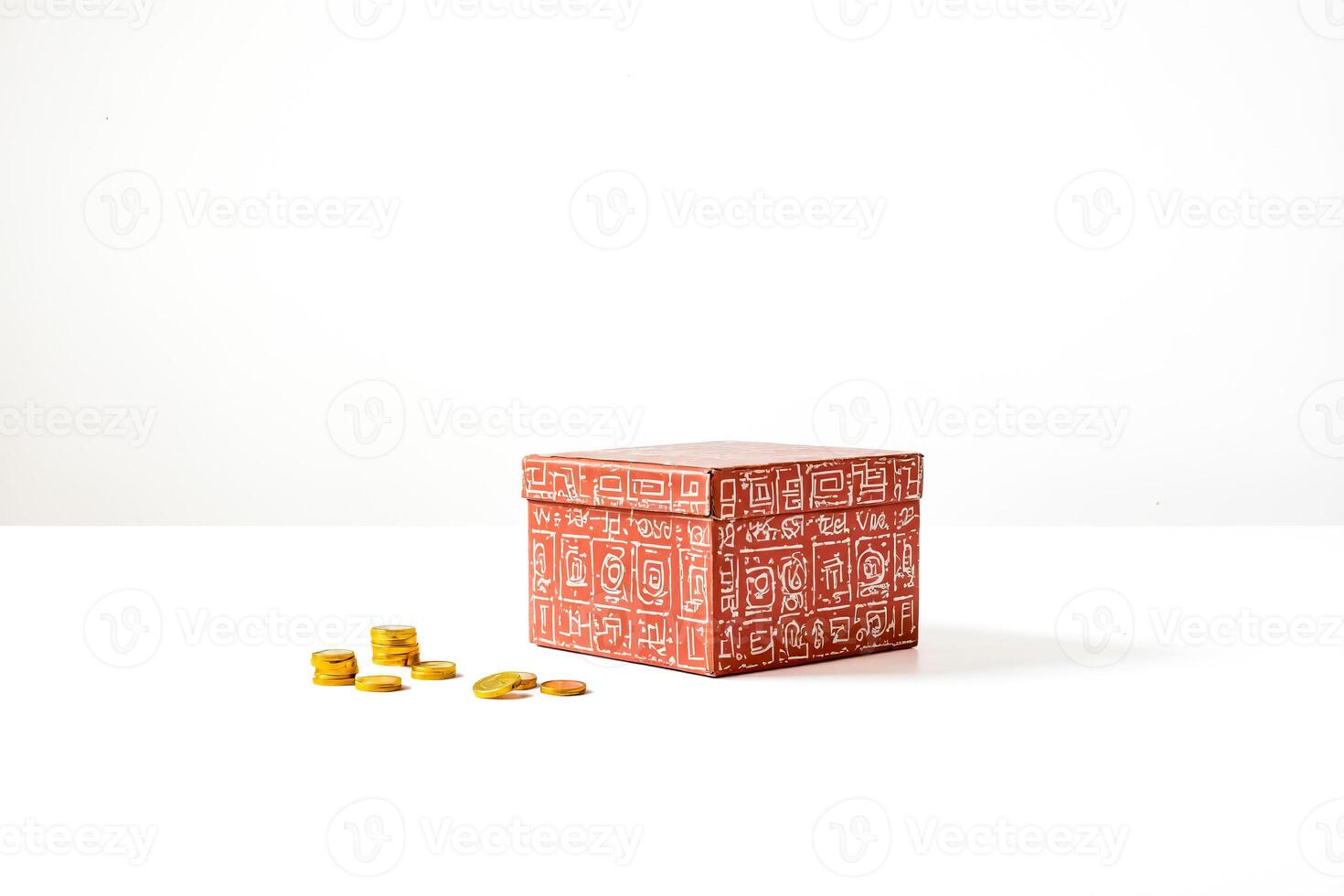 Red box with gold coins on white background photo
