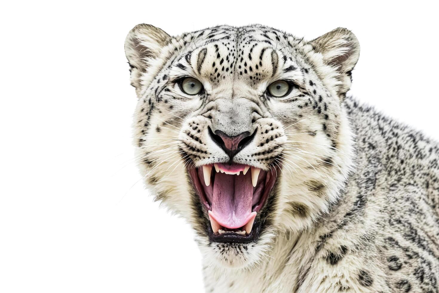 Closeup of a Snow Leopard's Face with Open Mouth and Sharp Teeth photo