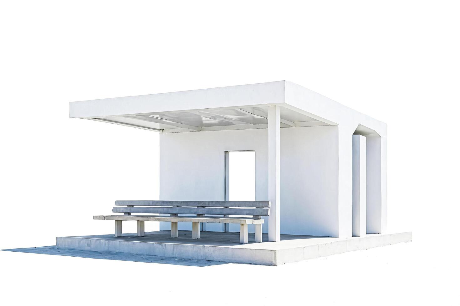 Modern Bus Shelter with White Walls and Concrete Bench photo