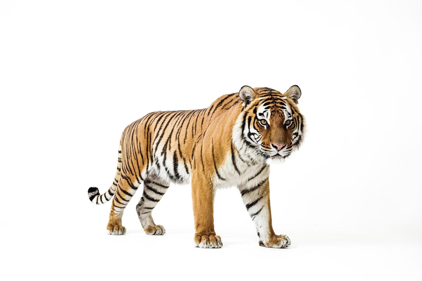 Tiger walking towards the camera on white background photo