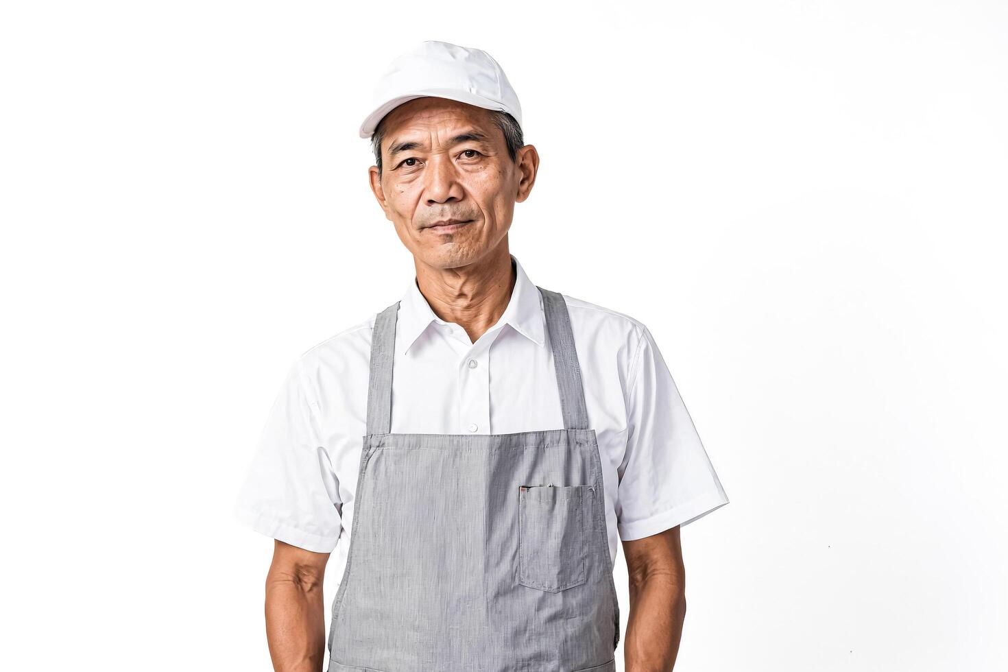 Portrait of a Confident Senior Man Wearing a White Cap and Grey Apron photo
