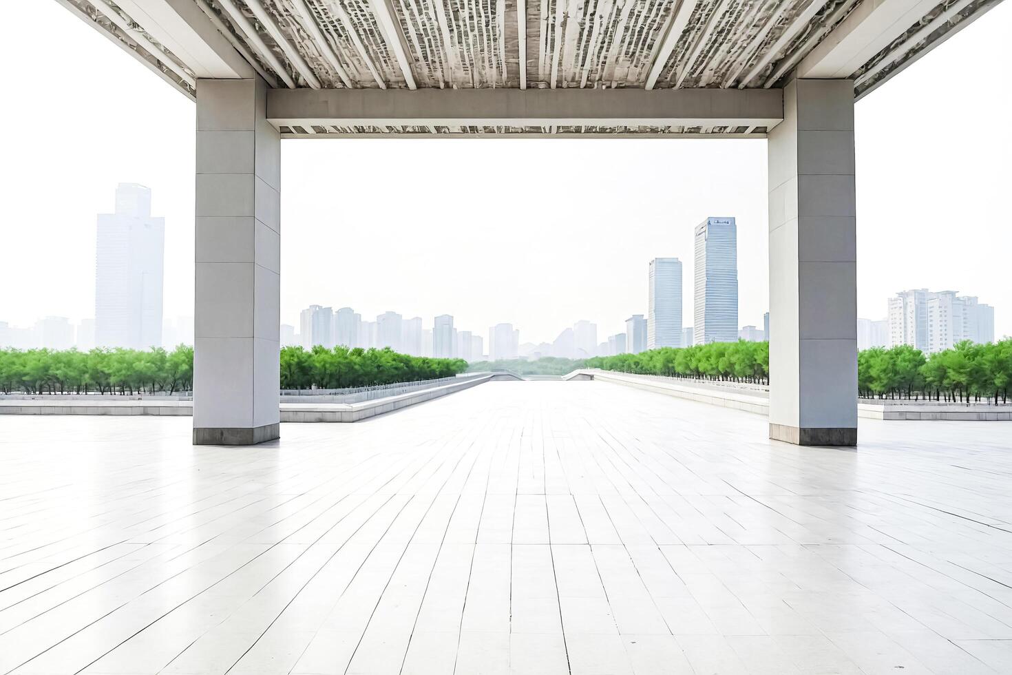 Empty Plaza with City Skyline in Background photo