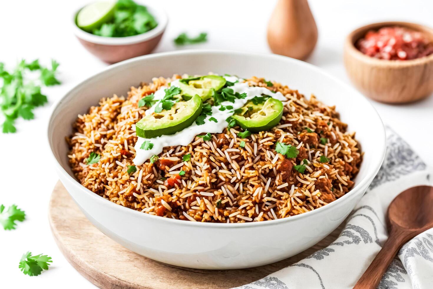 Close-up of a bowl of rice with avocado and cilantro photo