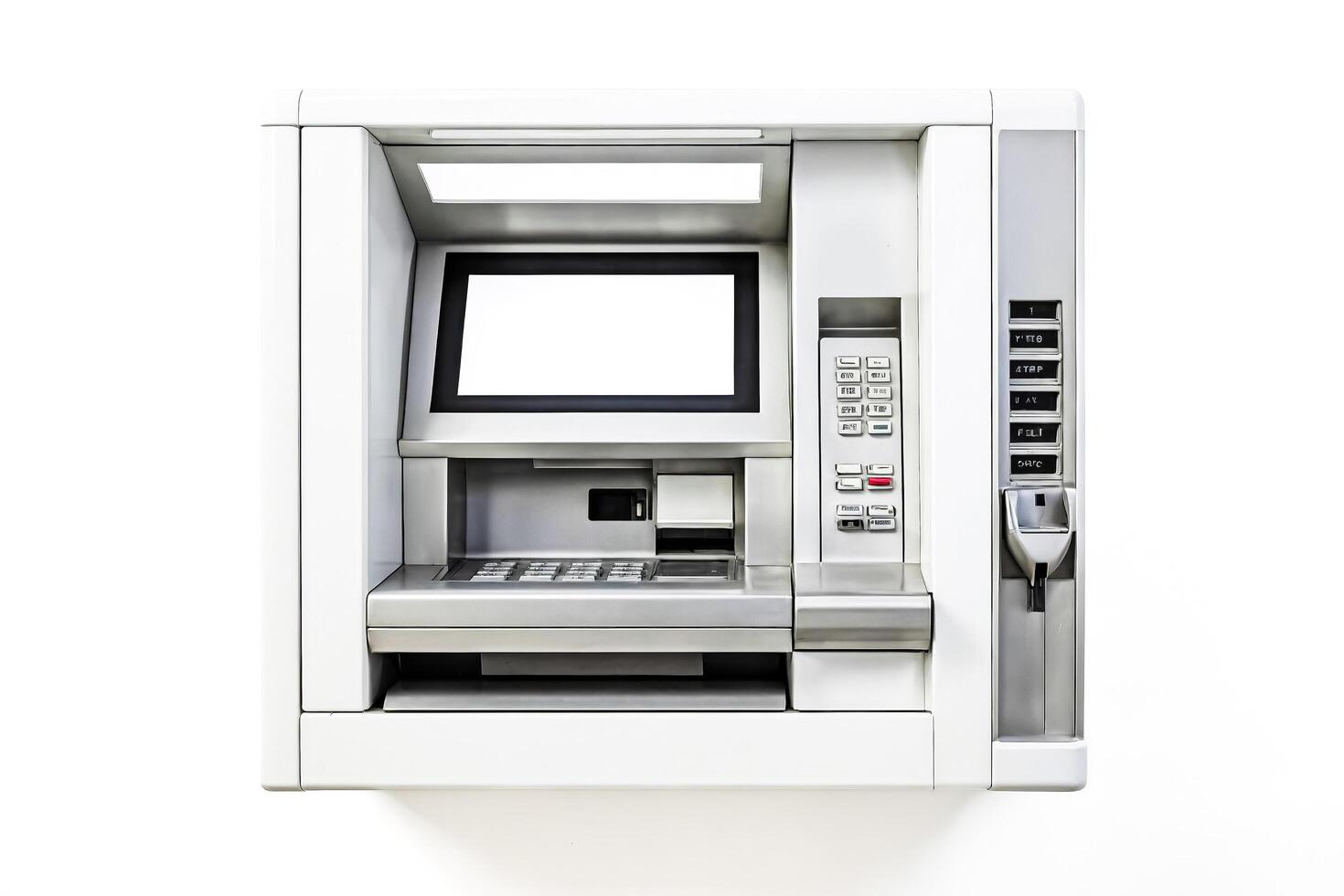 Modern ATM Machine with Blank Screen Isolated on White Background photo