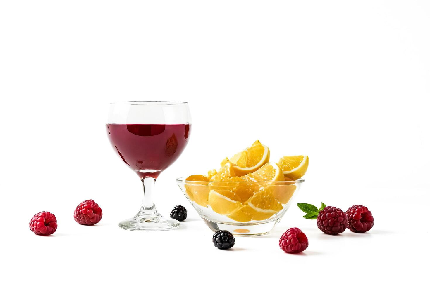 Glass of Red Wine with Orange Slices and Raspberries photo