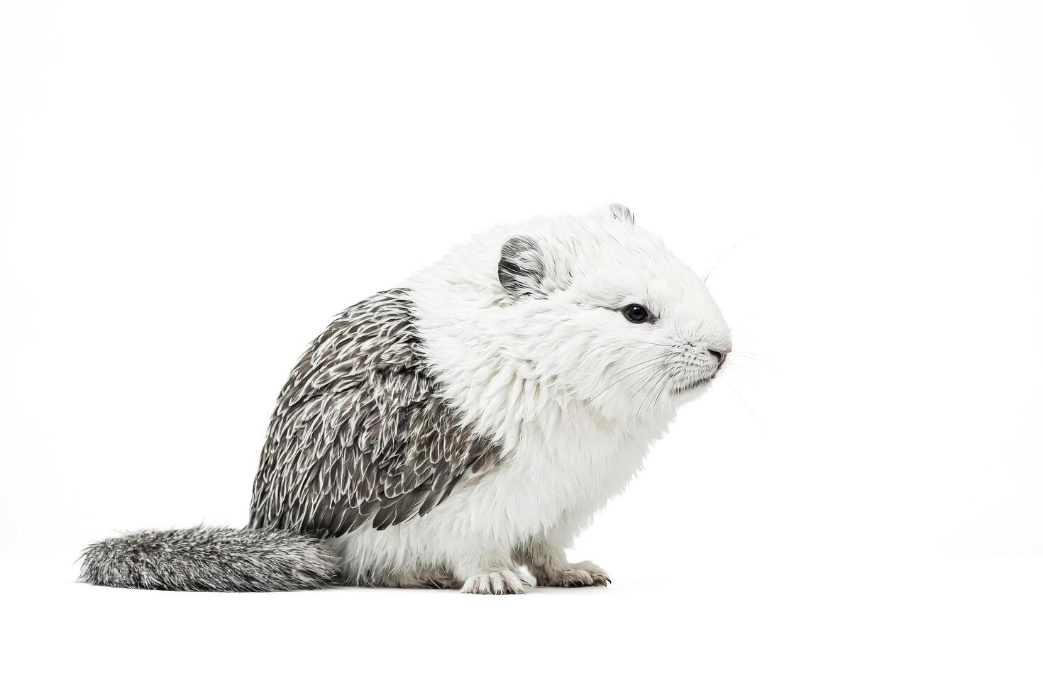 A White Rabbit With Grey Feathers Sitting On White Background photo
