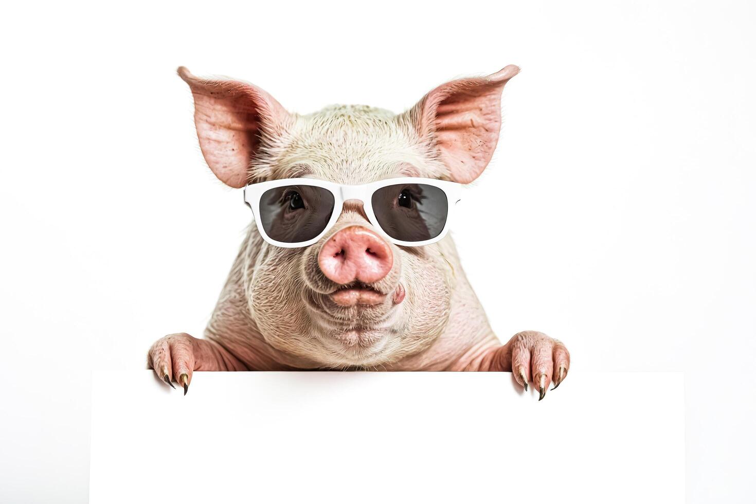 Pig wearing sunglasses peeking over a white sign photo
