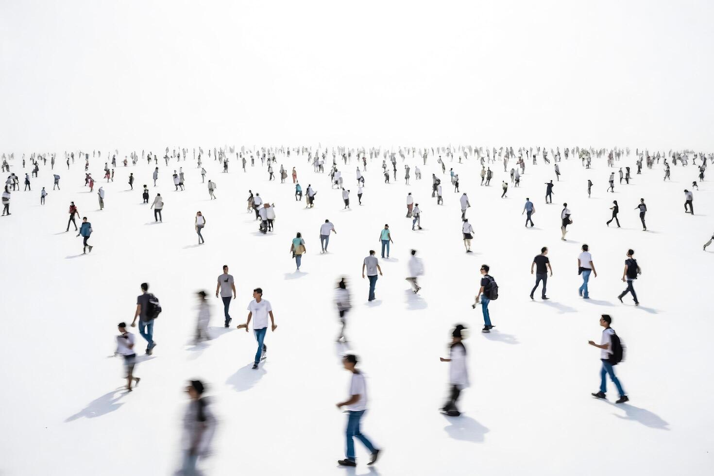Blurred crowd of people walking on a white background photo