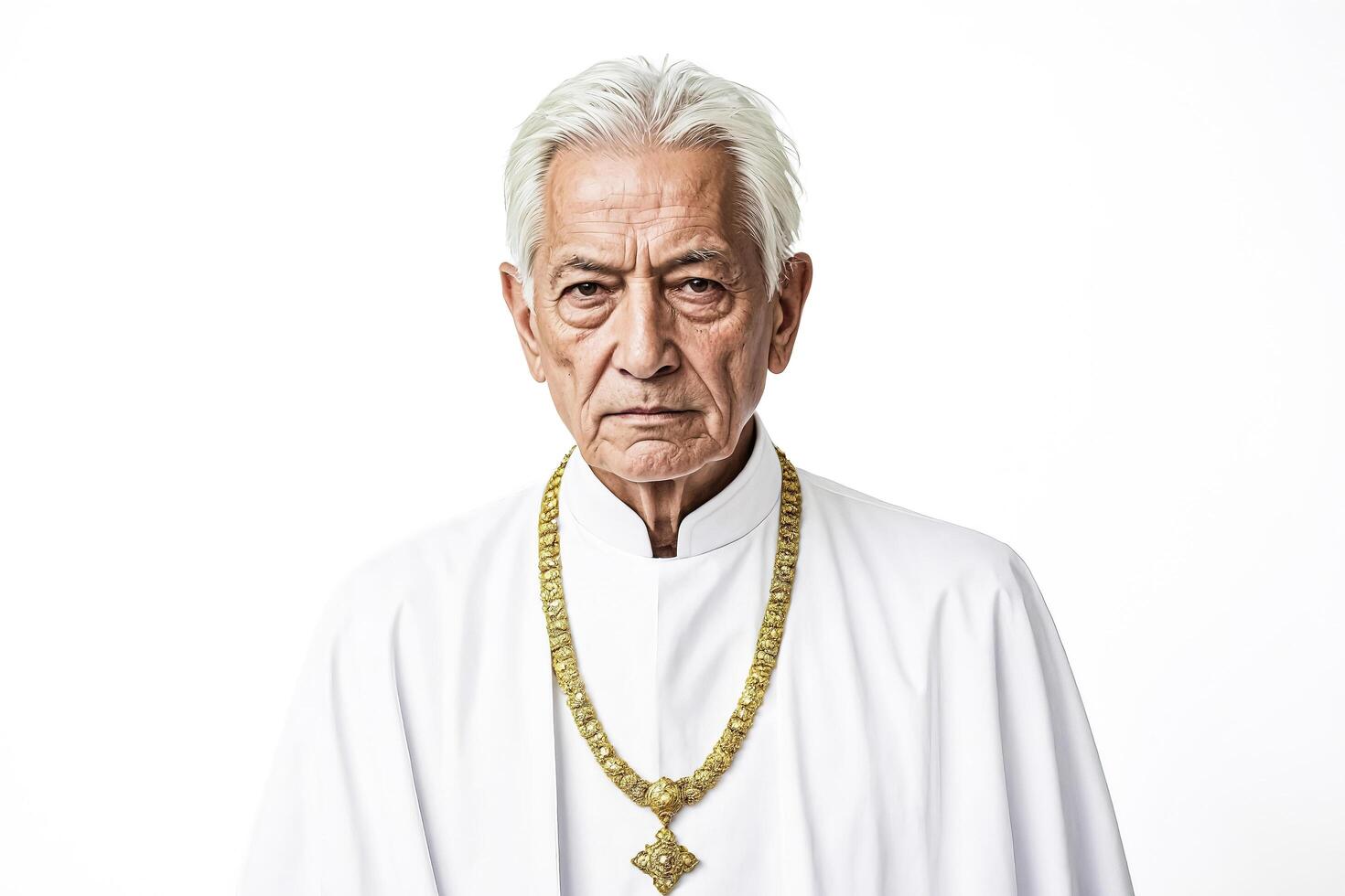 Portrait of a Serious Elderly Man with White Hair and a White Robe photo